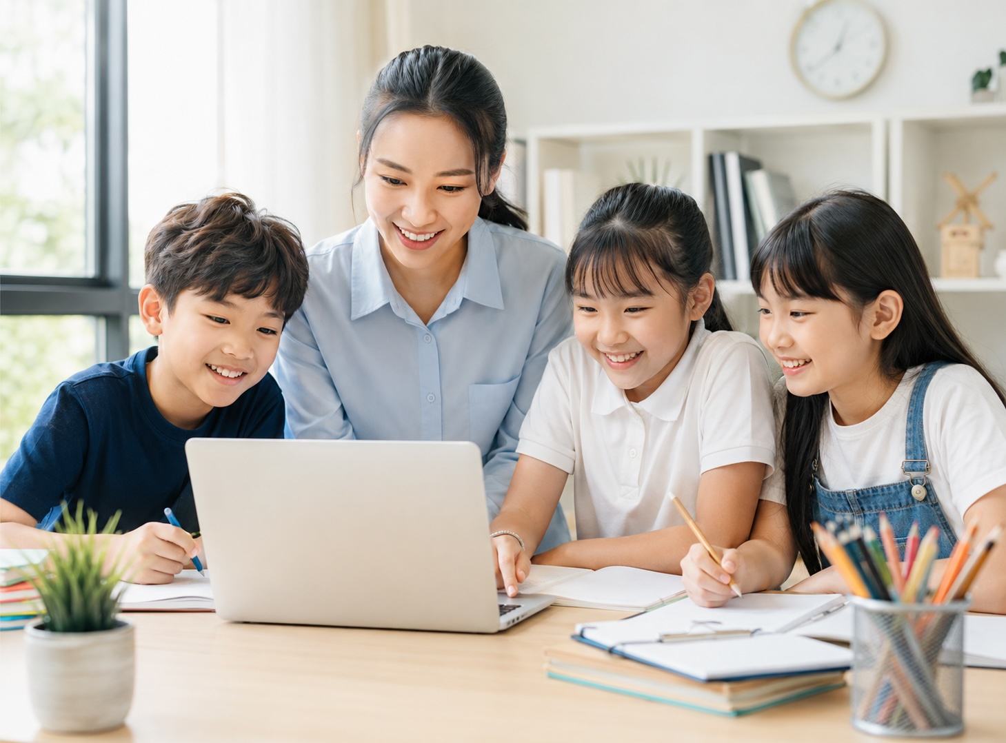 Giáo viên TAK12 hướng dẫn học sinh học trực tuyến bên máy tính